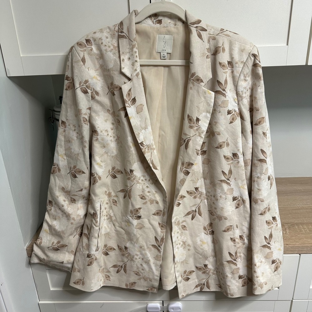 Joie Blazer Women XL Beige Floral Linen Blend Open Front Notched Lapel Cottage